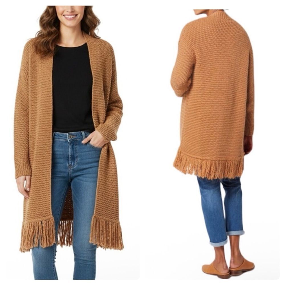 J. Jill Saffron Knit Open Cardigan With Fringe